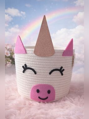 Adorable Unicorn Basket Storage Bin Pink Gold Rope Toy Organizer NWT